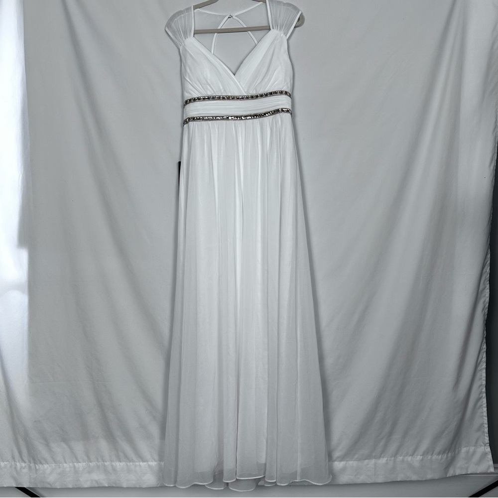 ever pretty womens v-neck cap sleeve open back pearl waistline Dress Sz 10
